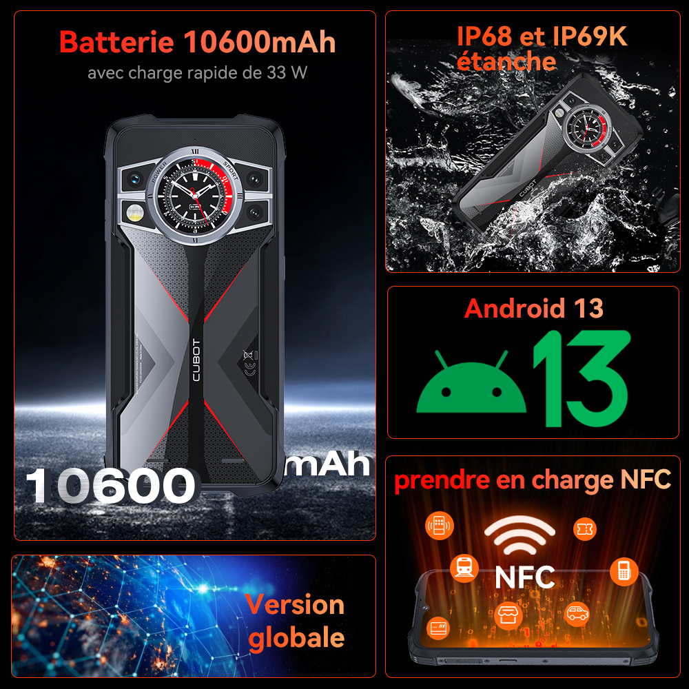 Cubot KingKong 9, Helio G99, Octa-Core, 10600mAh, écran FHD+ 120 Hz 6,583", 24 Go de RAM (12 Go + 12 Go étendus), 256Go de ROM, IP68/IP69K rugged smartphone android 13, appareil photo 100MP, NFC, 4G telephone portable