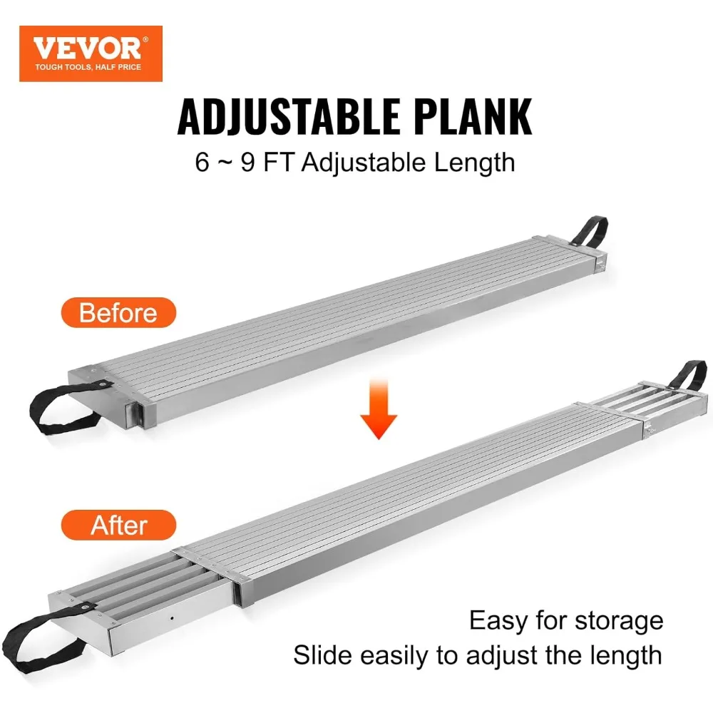 VEVOR Aluminum Telescoping Work Plank, 6-9FT, 500lbs Capacity, 12.5 inch Width, Scaffolding Plank with Skid-Proof Platform Scaff