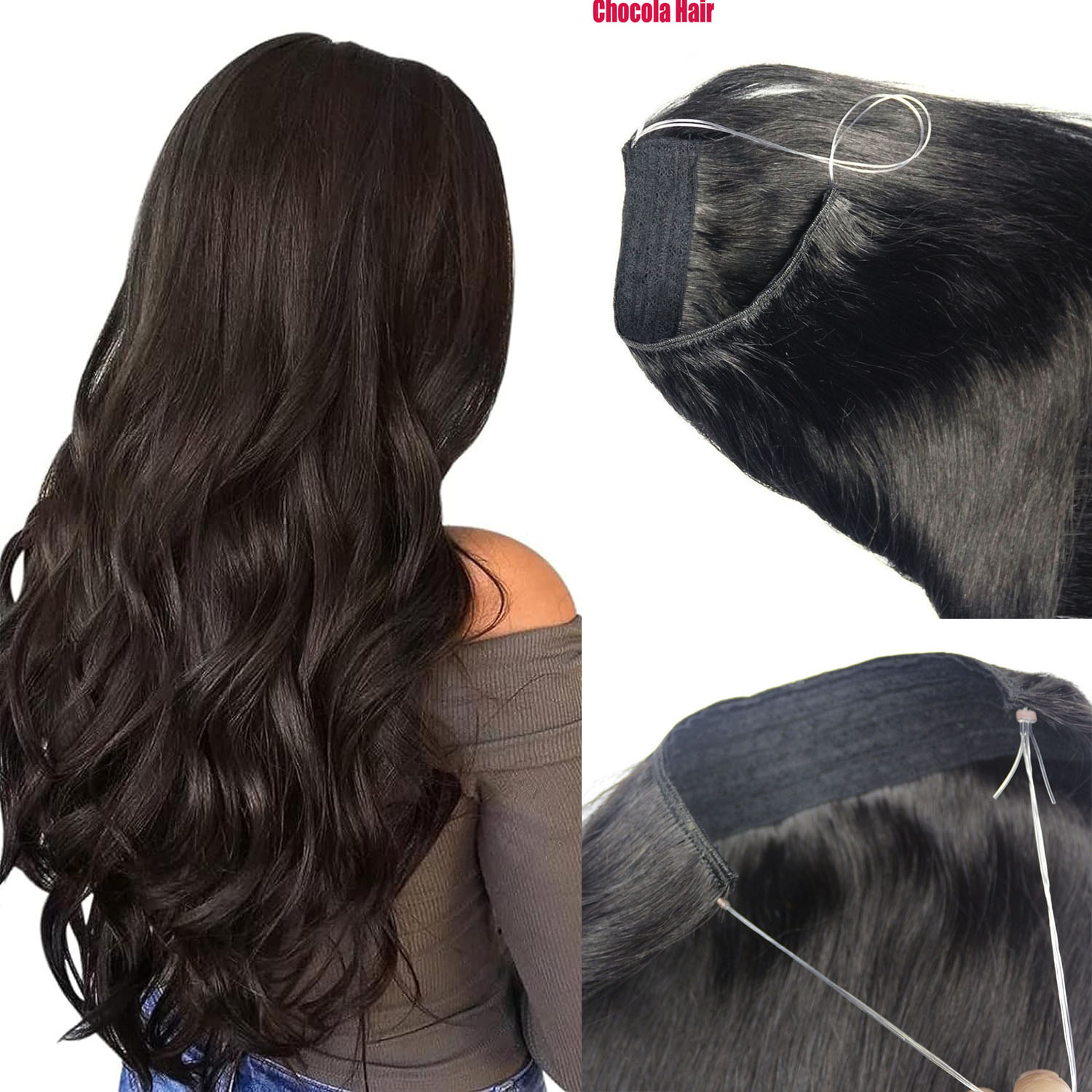 Chocola Secret Wire No Clip Real Human Hair Halo Hair Extensions Hidden Wire  Adjustable Transparent Wire