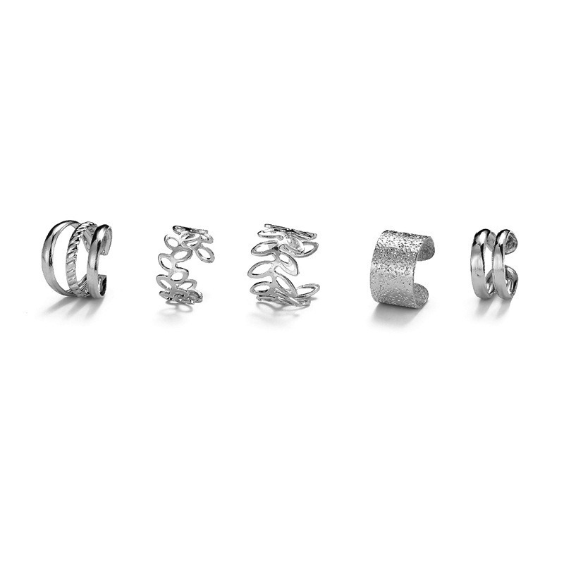 5 Stück silberfarbene Blätter-Clip-Ohrringe für Damen und Herren, kreative einfache C-Ohrmanschette, nicht durchdringendes Ohrclip-Set, Trend-Schmuck, Geschenk