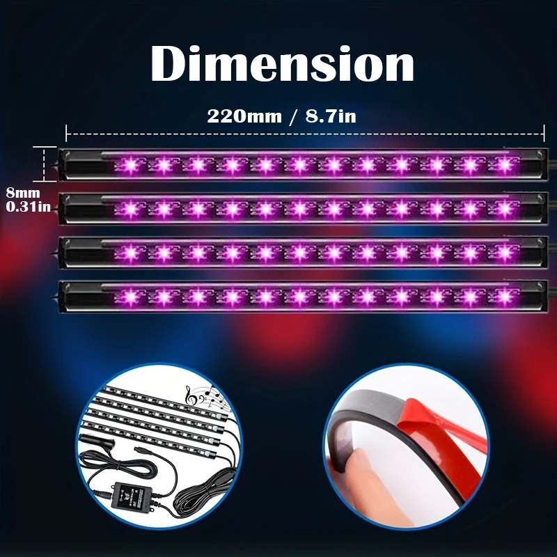 Striscia luminosa per musica per auto a LED 48 LED USB Smart Bluetooth APP Controllo Striscia luminosa per atmosfera interna per auto RGB multicolore impermeabile