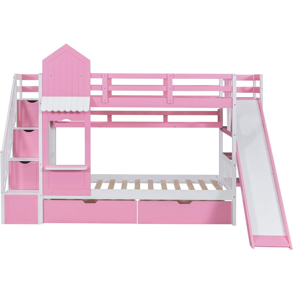 Twin Over Twin Bunk Bed with Storage and Drawers for Kids Boys Girls Solid Wood Bunk Bed with Slide and Staircase