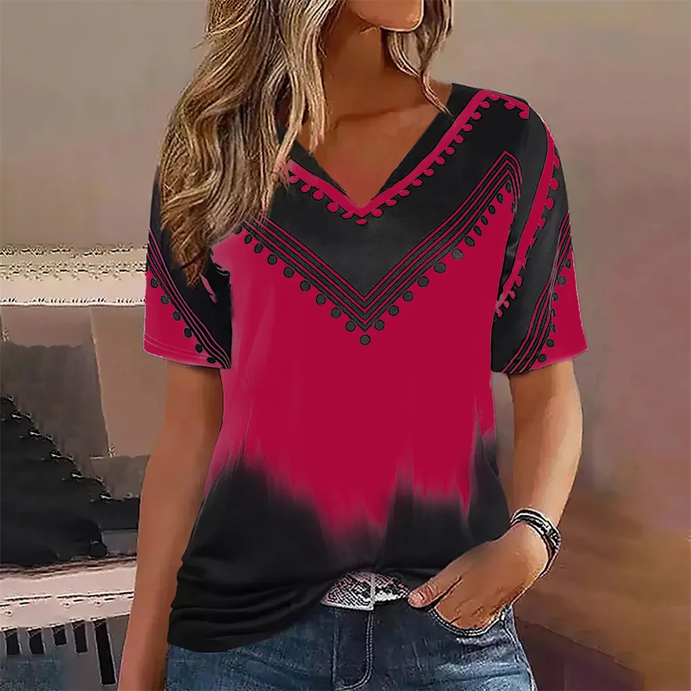 แฟชั่นผู้หญิง T เสื้อลายพิมพ์ Gradient V คอสั้นแขนเสื้อ Basic Tops Streetwear ฤดูร้อนขนาดใหญ่เสื้อผ้าหญิงเสื้อยืด