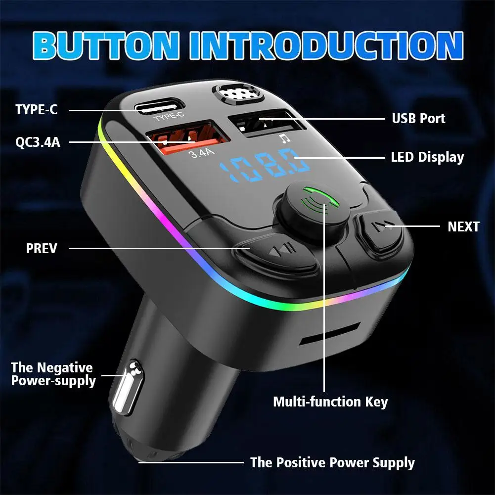 Car Bluetooth 5.0 FM Transmitter Dual USB 3.1A PD Type-C Colorful Ambient Light Car Accessories Player Kit 2024