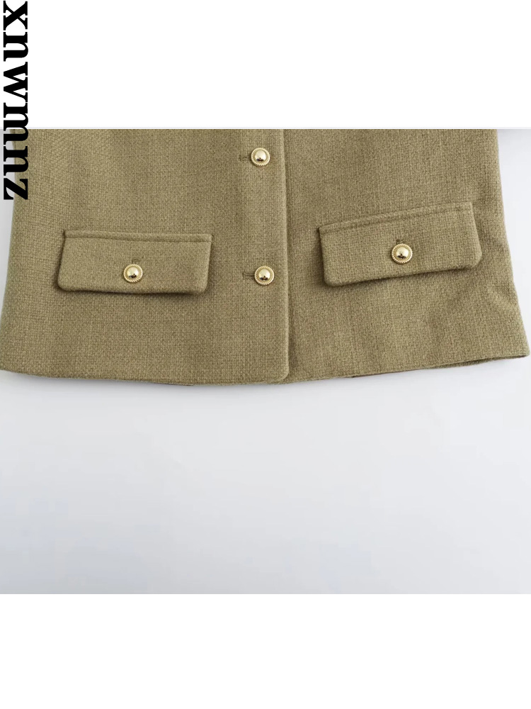 XNWMNZ Women's Fashion 2023 Autumn/Winter Flap Pocket Crop Jacket Women Vintage O Neck Long Sleeve Versatile Female Blazer
