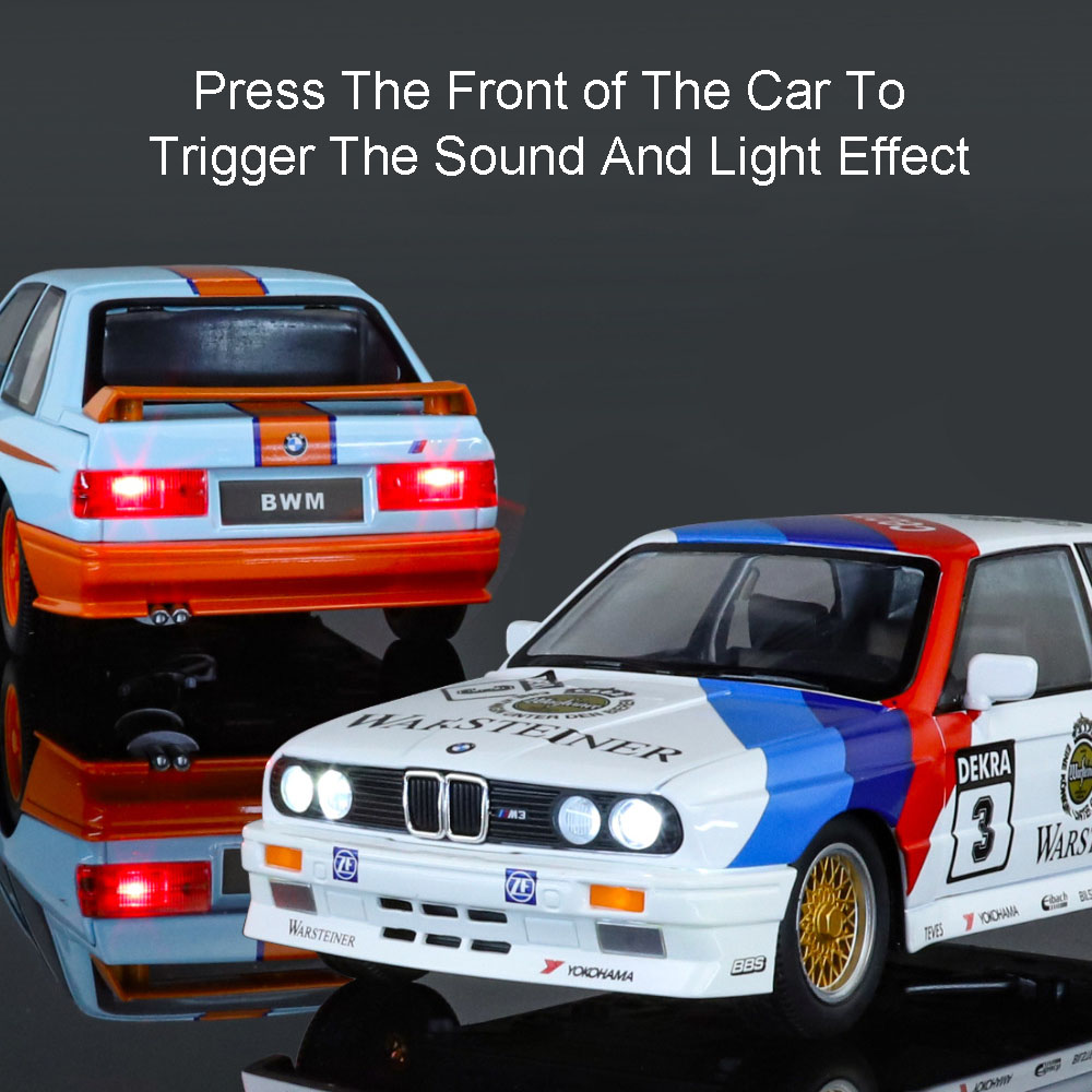 1:24 M3 Model Cars Toys Alloy Diecast Floral Version Doors Opened Front Wheel Steering Sound Light Pull Back Toy Gifts Ornament
