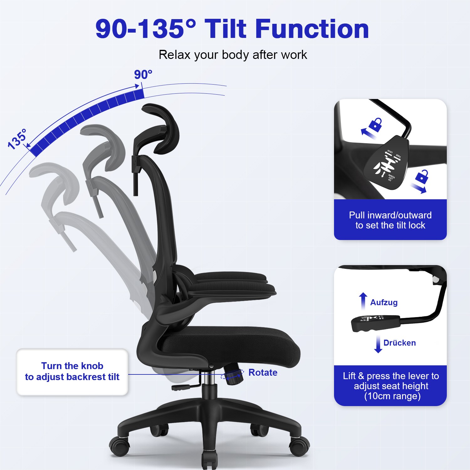 AUTHMIC Chaise de Bureau Ergonomique - Inclinaison 135°, Siège Réglable en Hauteur, Accoudoirs Rabattables, Appuie-Tête Réglable｜Certification CE