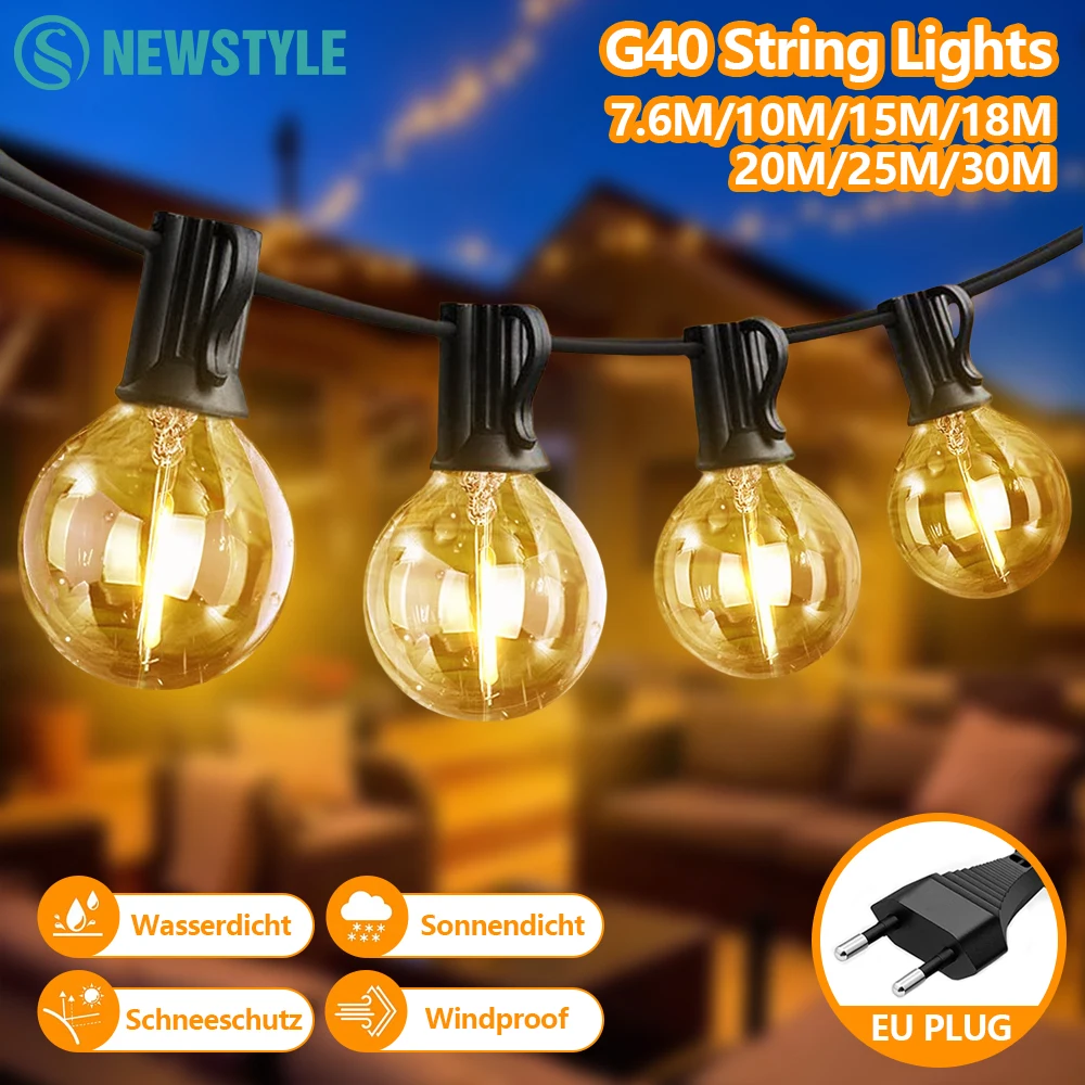 Guirnaldas de luces LED 15 bombillas de 10M G40 luces de cadena de globo luces de Patio inastillables para lámpara de decoración comercial interior/exterior