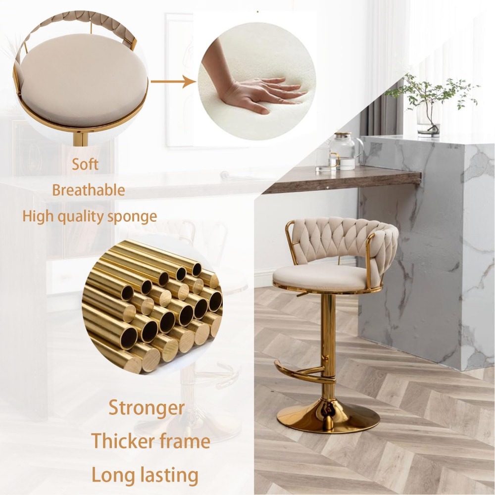 Gold Velvet Bar Stools Set of 4, Counter Height BarStools with Low Back, Swivel Bar Stool for Kitchen Island, Bar Pub (Beige)