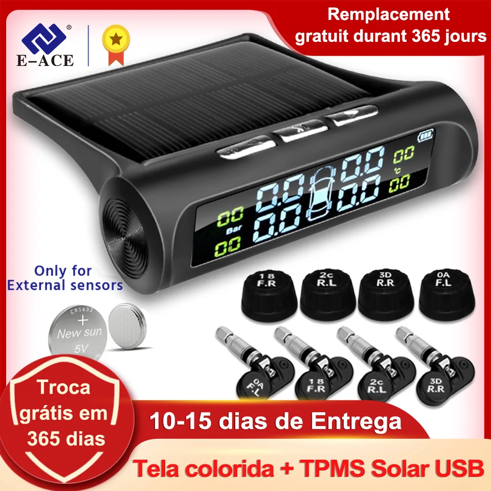 E-ACE energia solar tpms sistema de monitoramento de pressão dos pneus do carro sistemas de alarme de segurança automática aviso de temperatura de pressão dos pneus