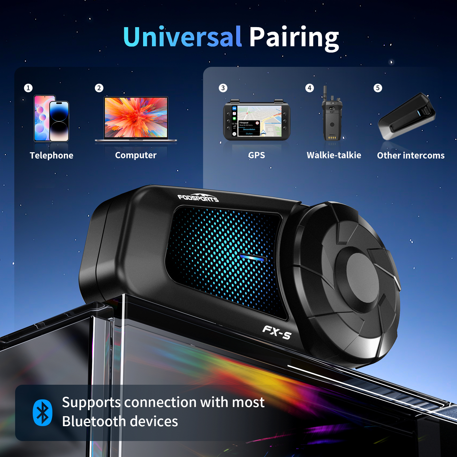 Fodsports FX-S Bluetooth Motorcycle Intercom Wireless Helmet Headset,1000M,BT5.4