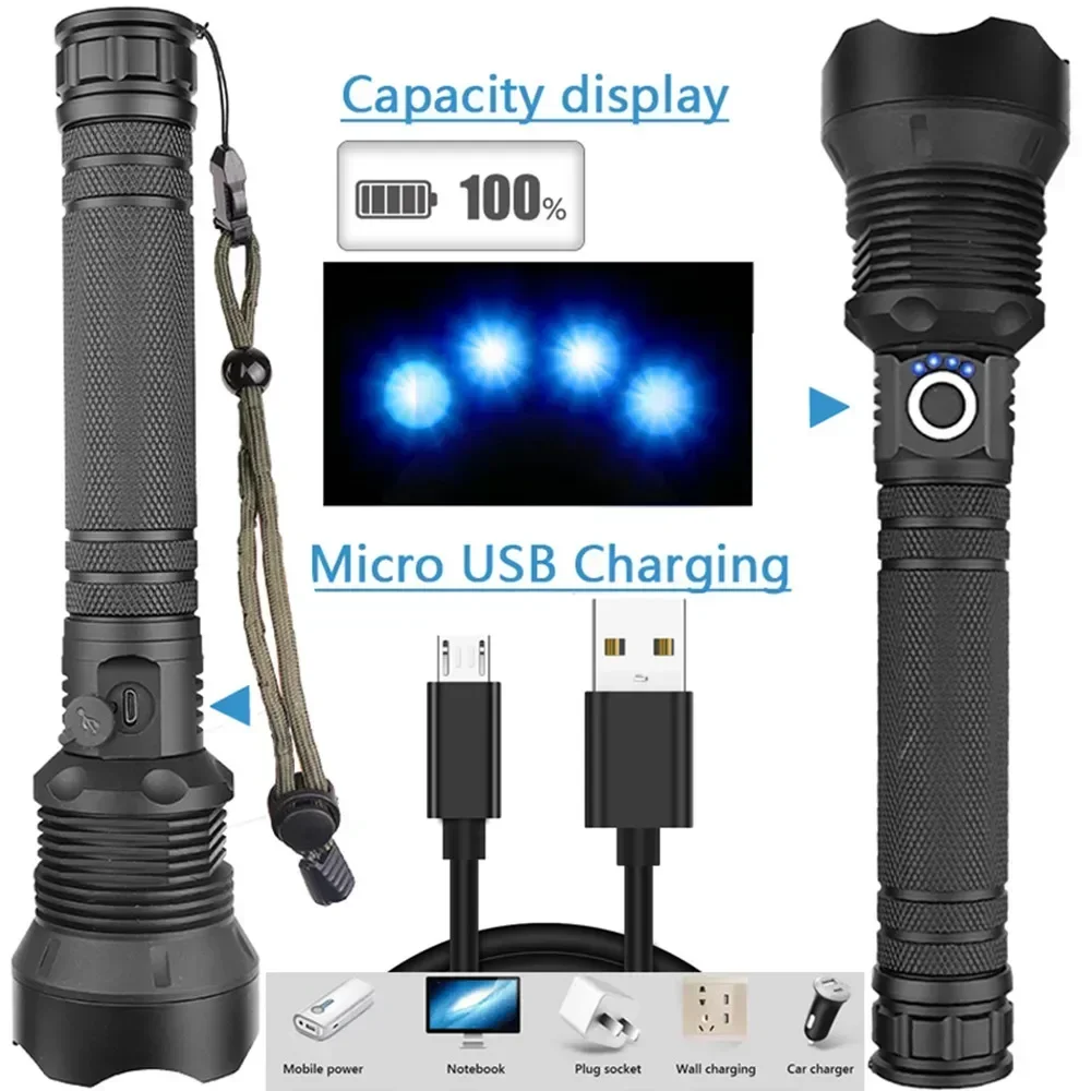 Linternas LED recargables Linterna impermeable con zoom superbrillante de 90000 lúmenes con 3 modos potentes para acampar y hacer senderismo