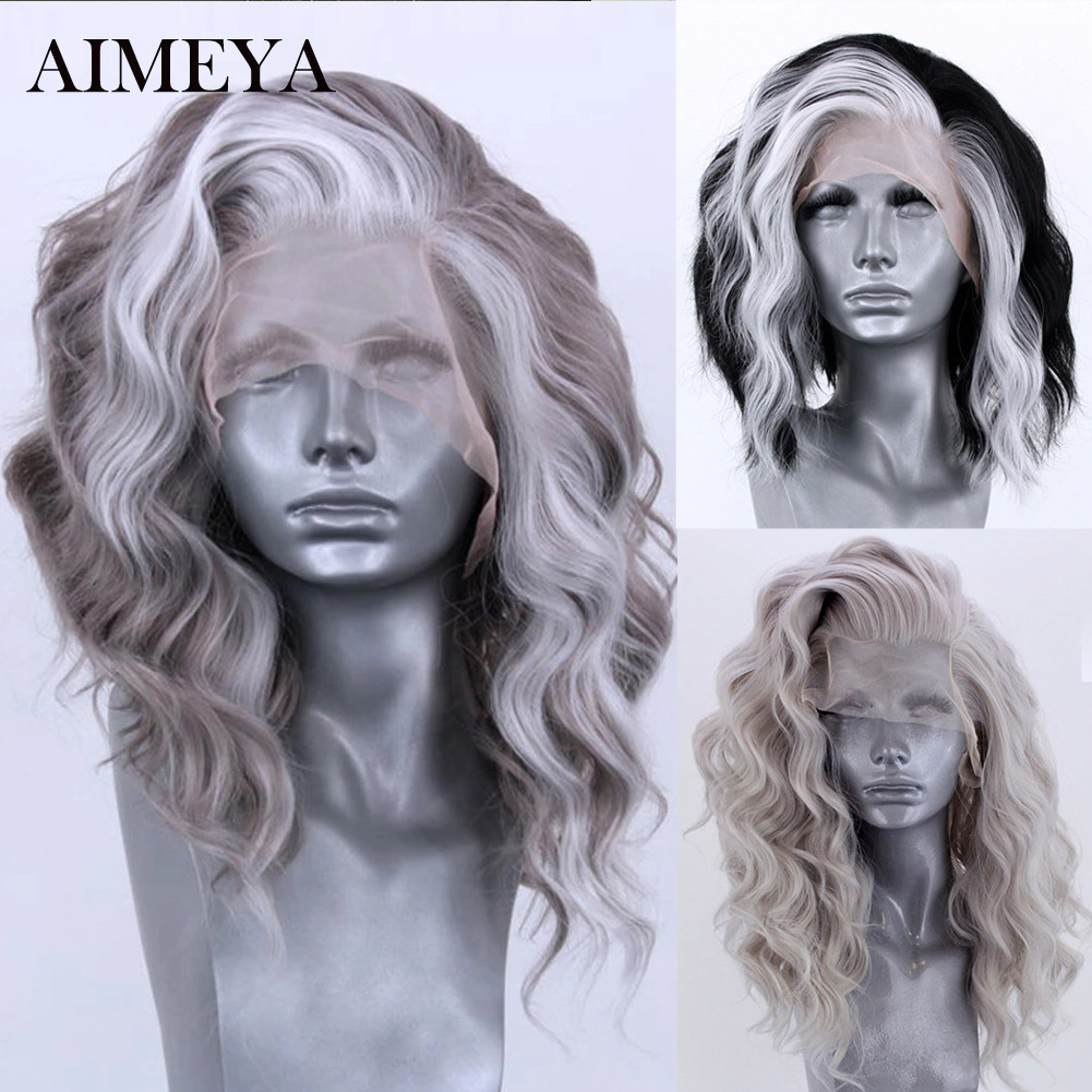 AIMEYA Synthetische Lace-Front-Perücke, Highlight-graue Spitzenperücken für schwarze Frauen, Seitenteil, Cosplay-Perücken, kurze Wellenperücke, natürlicher Haaransatz