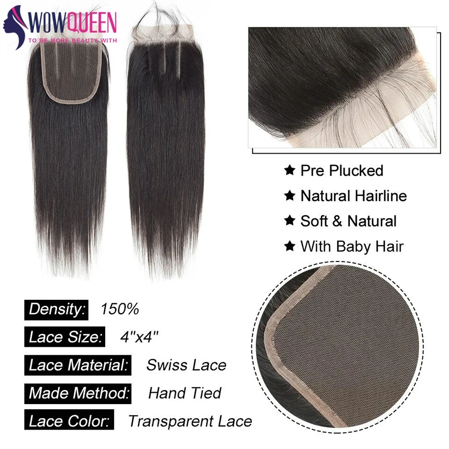 Cabelo humano remy reto com fechamento frontal completo do laço, 100% cabelo humano, orelha a orelha, transparente, 4x4, 5x5, 6x6, 13x4, 13x6