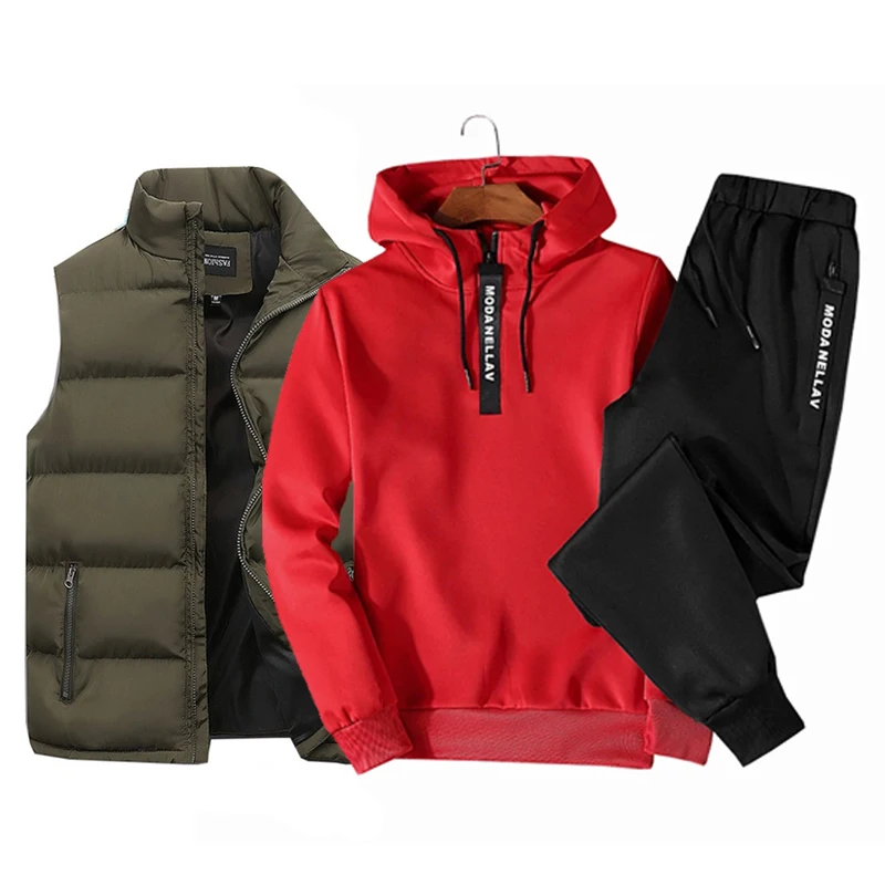 Trajes de chándal para hombre, Sudadera con capucha de media cremallera, chaleco impermeable y pantalones de chándal, conjunto de 3 piezas, ropa informal cálida de invierno 2023