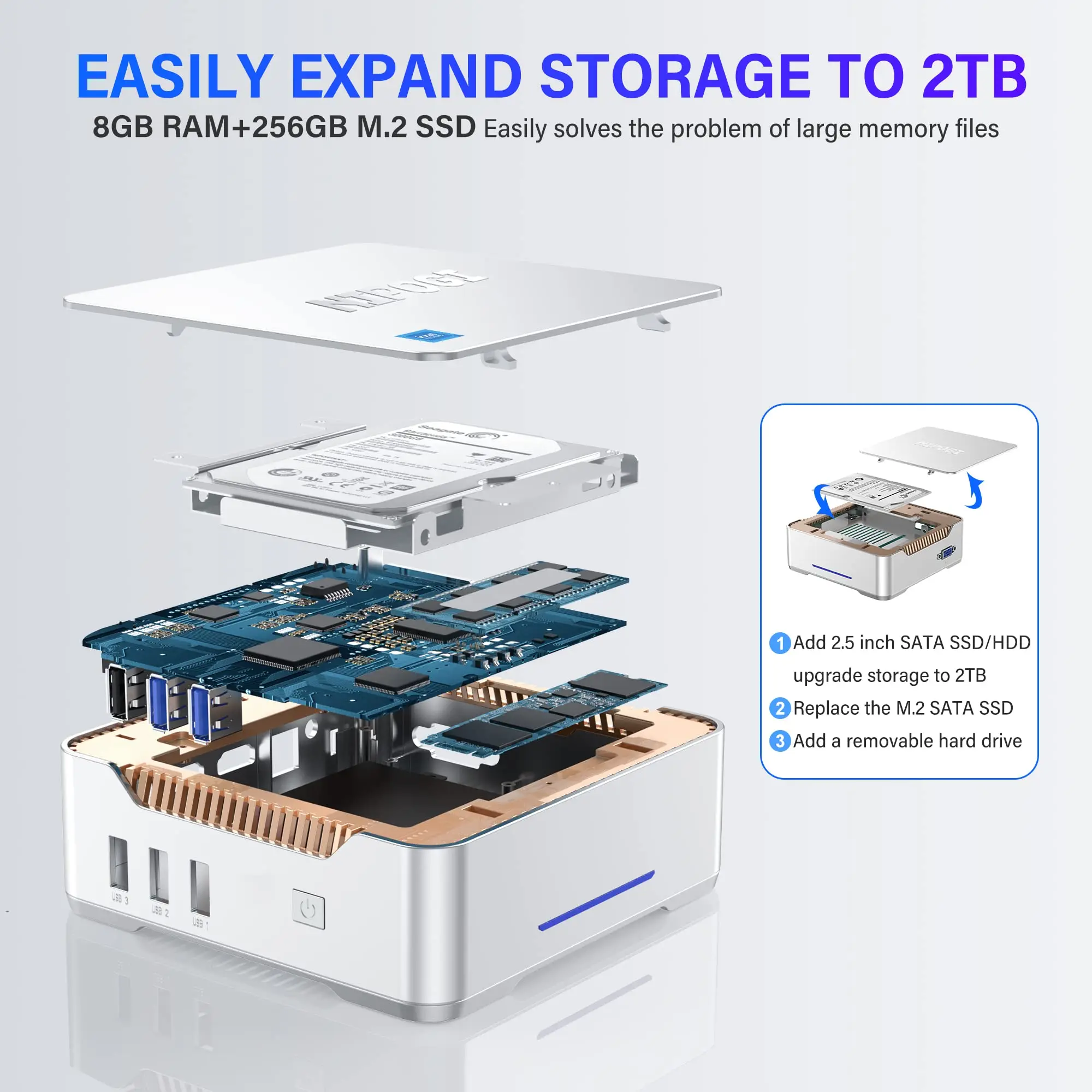 ACEMAGIC GK3PLUS Mini PC 16GB DDR4 1TB SSD 12a generazione Alder Lake-N95 Mini computer desktop Supporto 2xHDMI + VGA 4K Triplo display