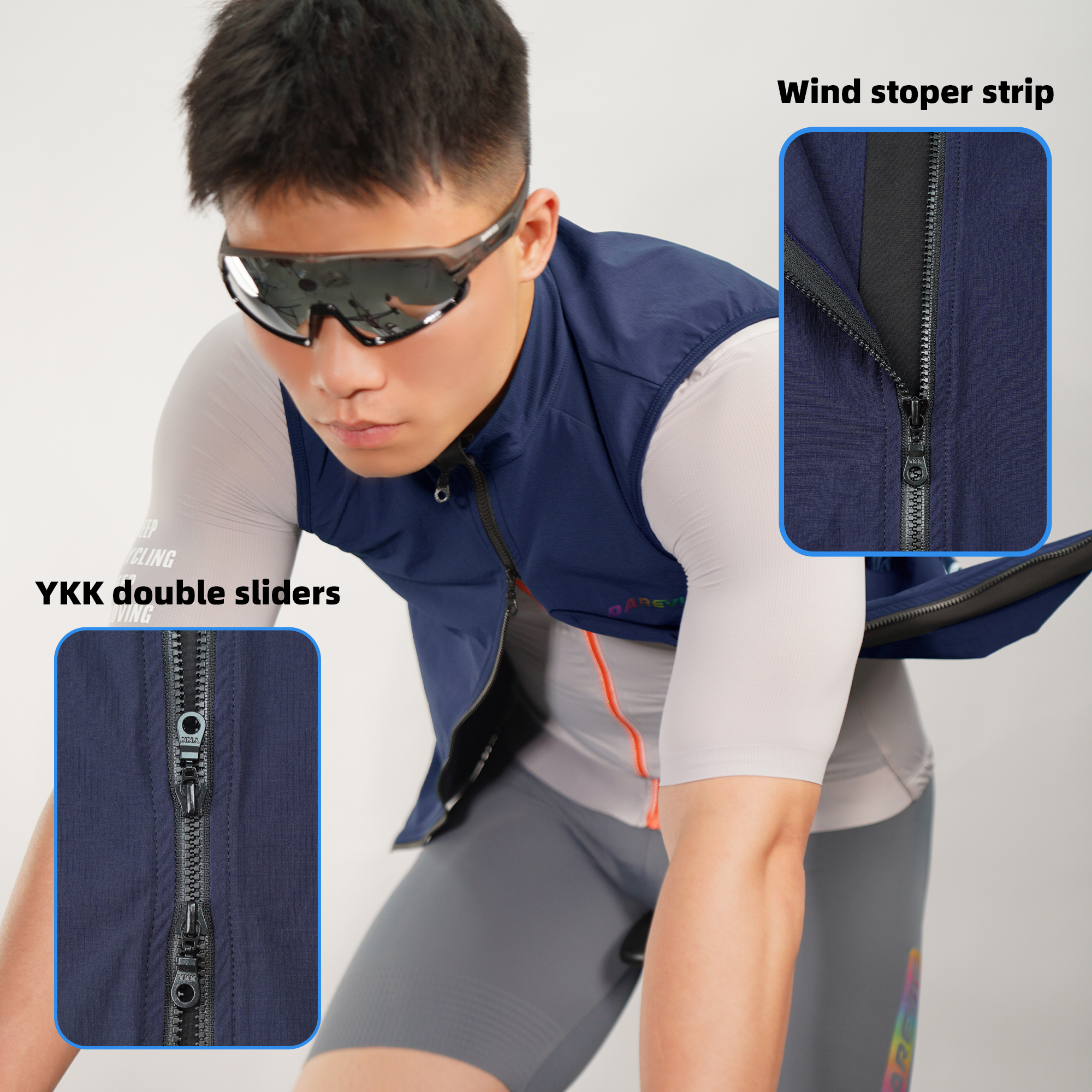 DAREVIE-Chaleco de ciclismo a prueba de viento para hombre y mujer, chaleco impermeable con cremalleras bidireccionales, cortavientos para ciclismo, bolsillos con cremallera trasera