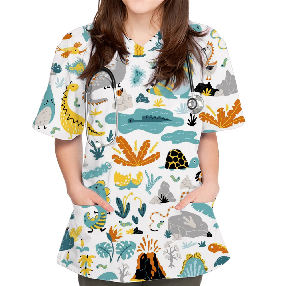 女性のためのポケット付き看護ユニフォーム、看護ユニフォーム、Vネックトップ、かわいい看護トップス、プリントナース、かわいい歯科医トップス