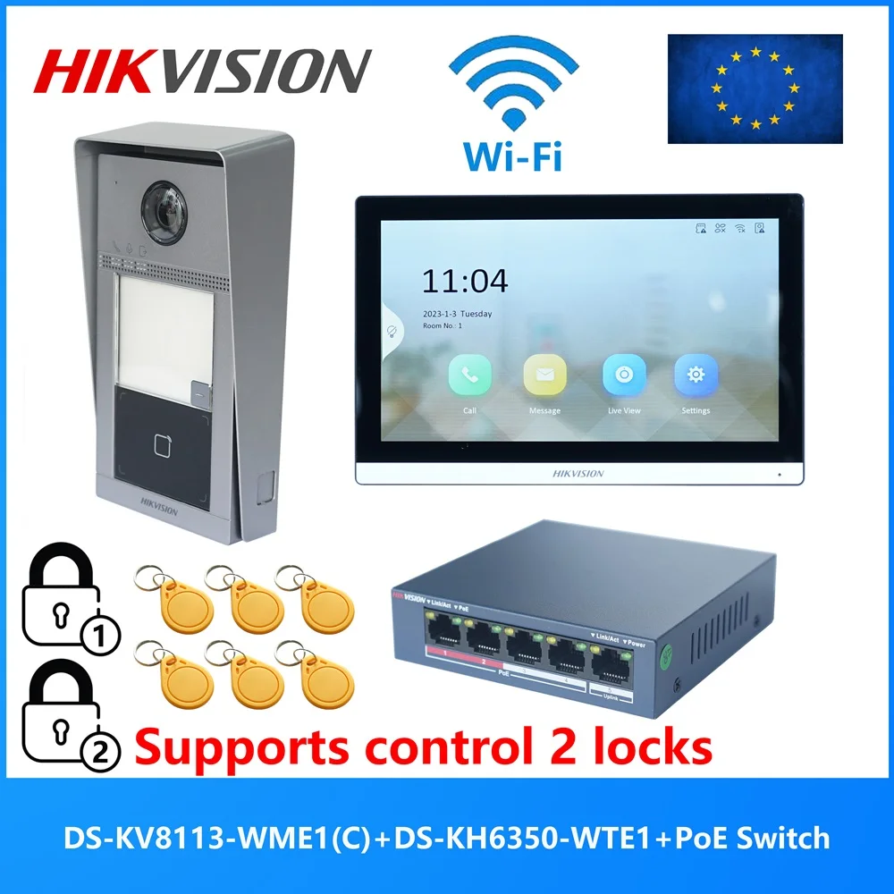 HIKVISION Original mehrsprachiges POE-Video-Gegensprechanlage-KIT, einschließlich DS-KV8113-WME1(C) und DS-KH6350-WTE1 und PoE-Switch