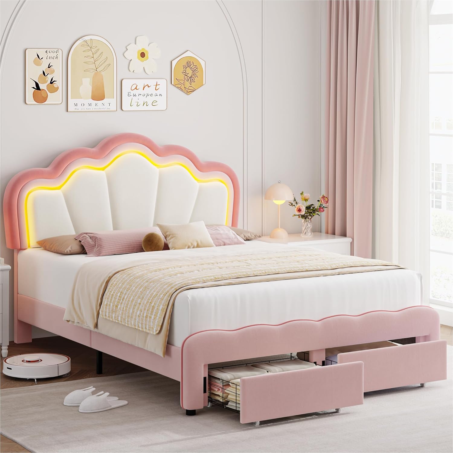 Full Upholstered LED Bed Frame with Storage Drawers, Cute Girls Bed with Adjustable Lotus Headboard, Velvet Princess