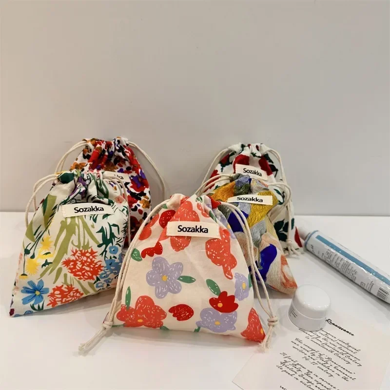꽃 Drawstring 립스틱 세면 용품 화장품 가방 패션 소녀 동전 가방 지갑 키 이어폰 코튼 메이크업 주최자 포켓 가방