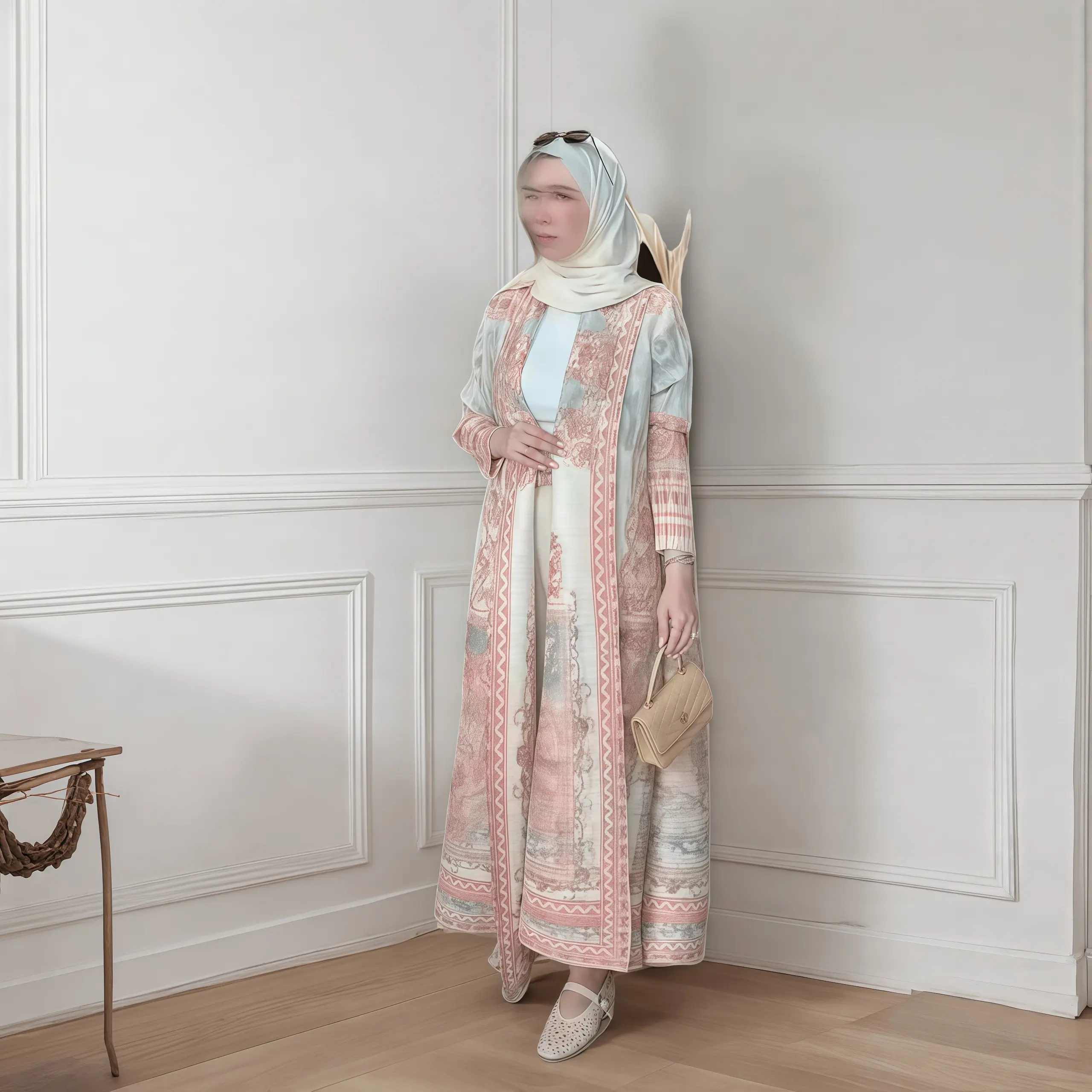 Jesienny długi płaszcz damski, nadruk retro, z długim rękawem, muzułmańska abaja, moda Saudyjska, pomarszczony pas biodrowy