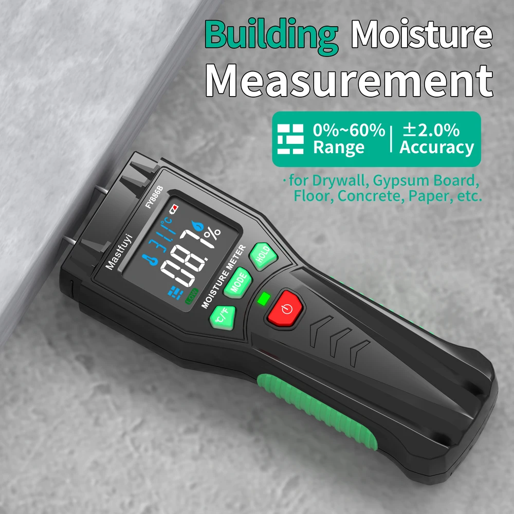 MASTFUYI Handheld Portable Digital Moisture Meter Wood Humidity, Building Materials, Ambient Temperature Detection Color Screen