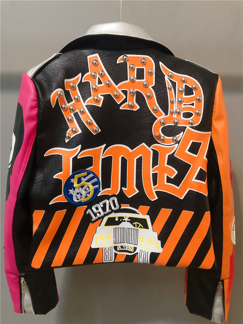 3xl mulheres e homens rebite beading jaqueta de couro pu hit cor streetstyle graffiti outerwear letras impressas jaquetas de couro