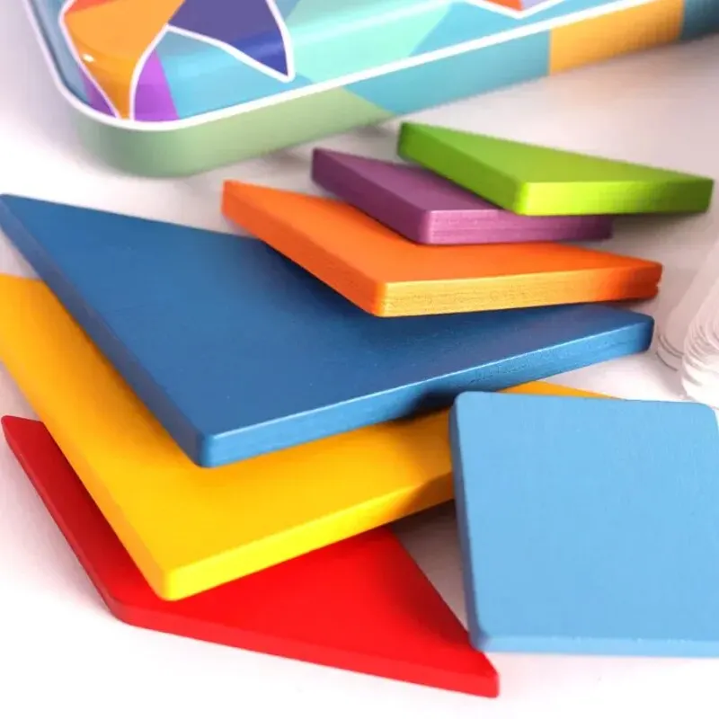 Tangram colorato in legno per bambini, scatola di ferro, puzzle, puzzle, educazione precoce, intelligenza, numero, lettera, giocattoli in legno