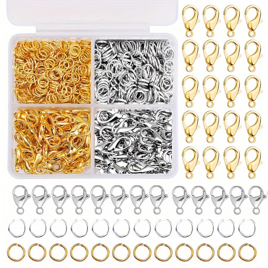 Caja de 1 Juego de anillos abiertos con cierre de langosta dorado y plateado para hacer joyas, pulseras, collares, ganchos, cierre de cadena, accesorios DIY