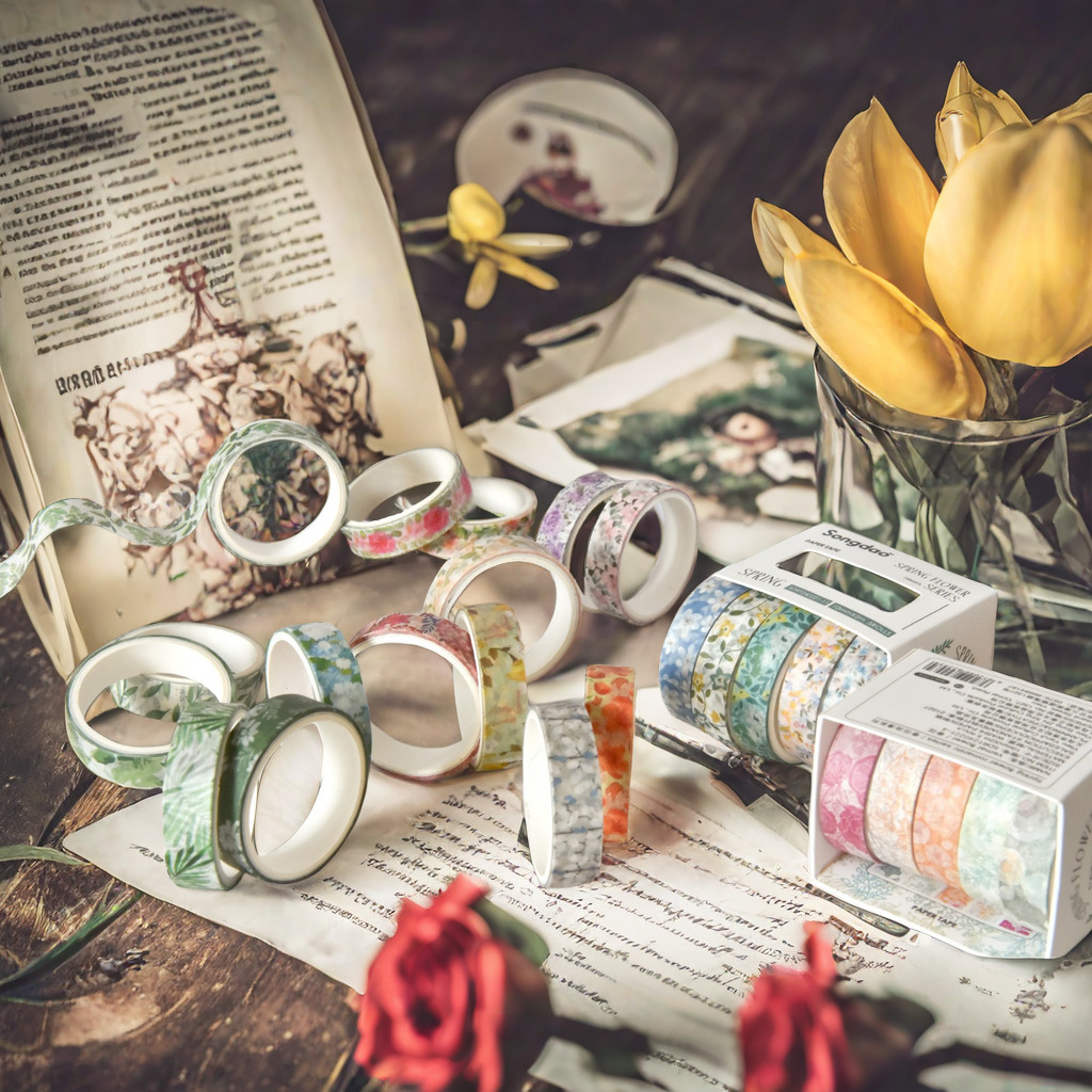 5 Rolls/set Aesthetics Floral Decorative Adhesive Tape Flower Washi Tape DIY Scrapbooking Material Sticker Label Stationery