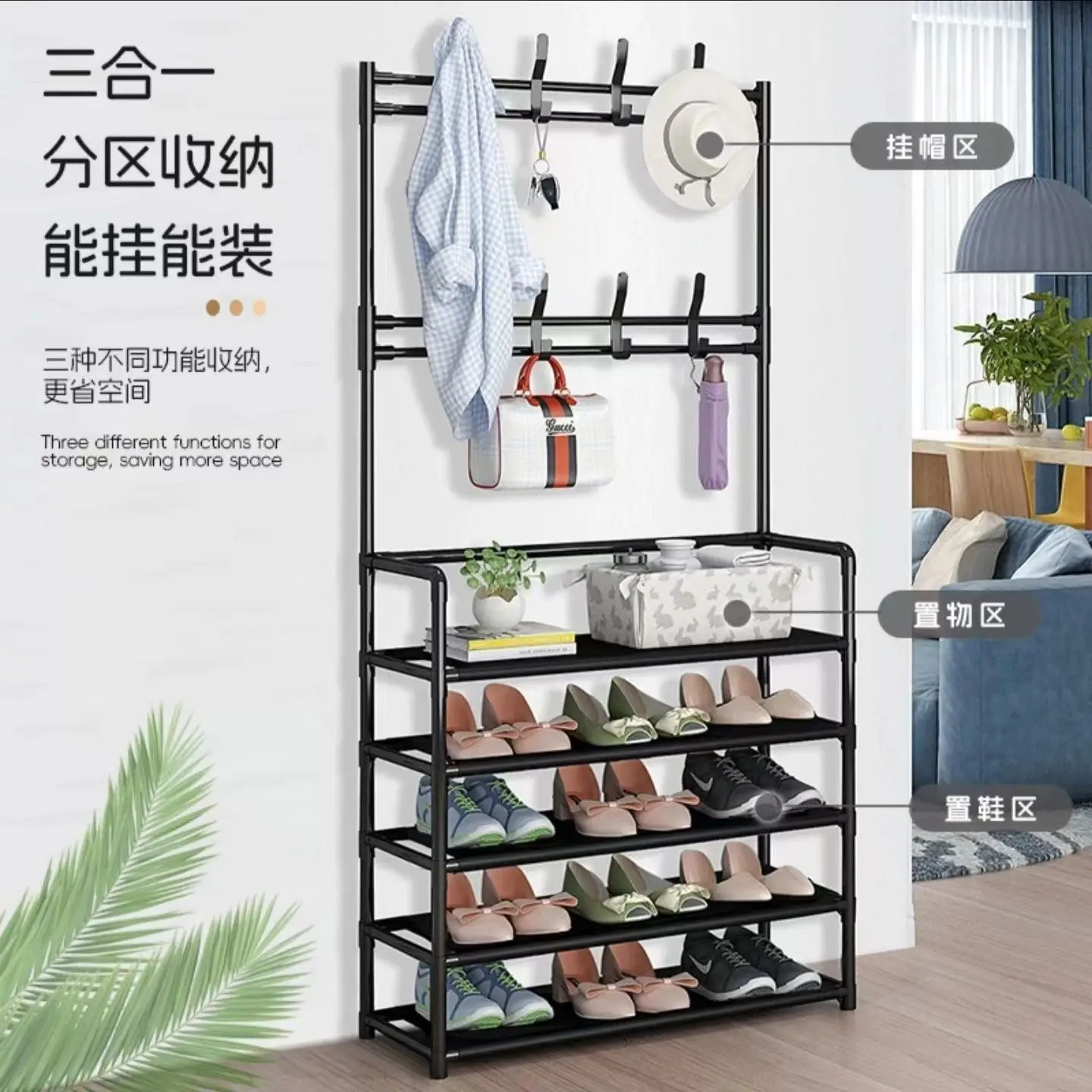 Cabides de chapéu para roupas, rack de sapatos multicamadas, sapatos de chão simples e prateleiras para chapéus, prateleira organizadora de sala de estar com suporte de carga