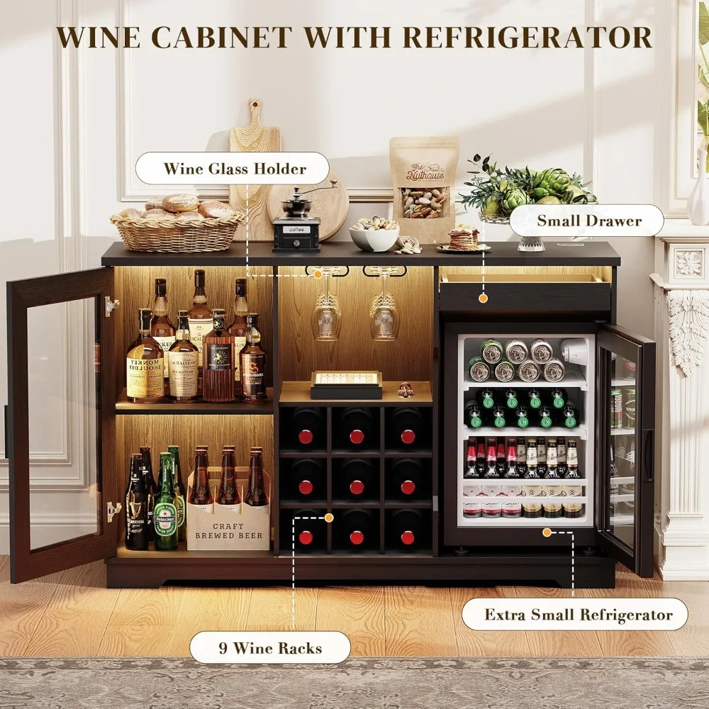 Wine Bar Cabinet with Fridge (Included), Liquor Coffee Cabinet with LED Lights & Rack, Mini Fridge Cabinet with Storage