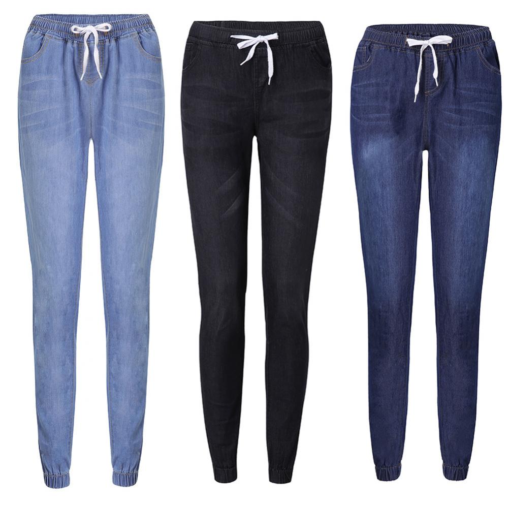 Lose Kordelzug Frauen Jeans Elastische Taille Hosen Denim Plus Größe Casual Lange