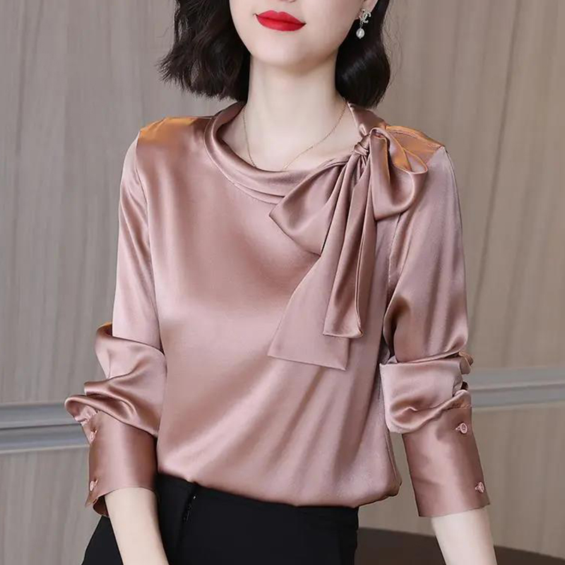 ฤดูร้อนฤดูใบไม้ร่วง Office Lady ซาติน Elegant แฟชั่นโบว์เสื้อผู้หญิงแขนยาว Bottoming Blusa All-Match เสื้อ