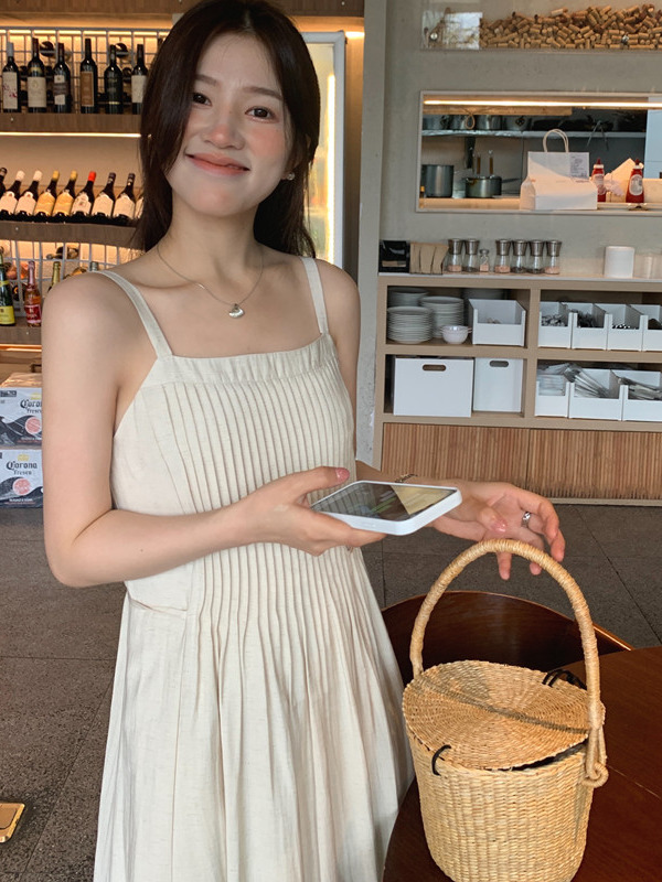 Vestido de Alças F Estilo Novo de Verão com Design de Saia Longa em Cor Pura e Aodão Puro Sem Mangas