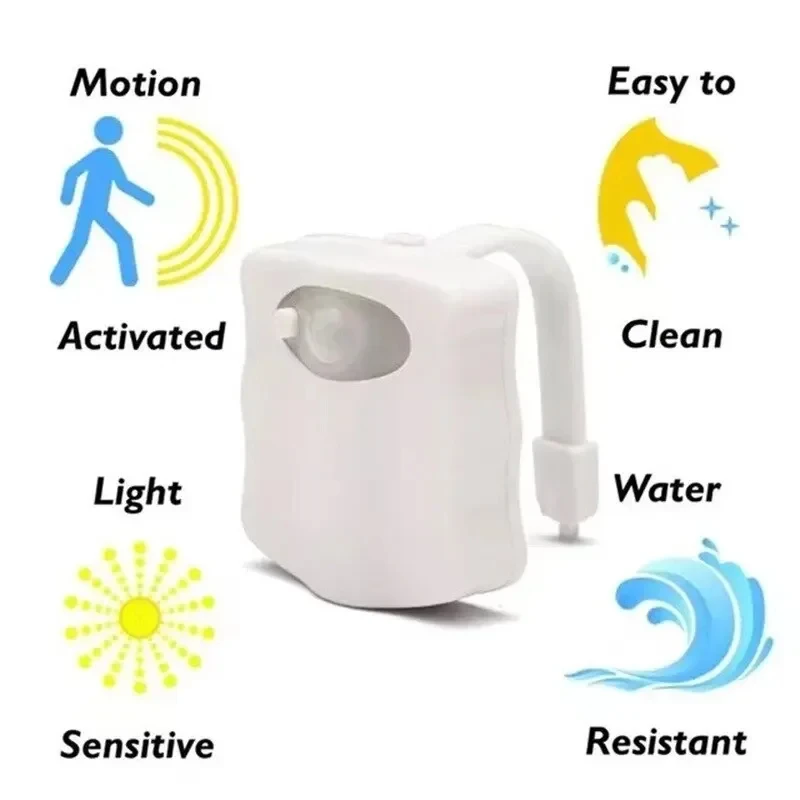 Luce con sensore di movimento Luce notturna a LED senza fili RGB 8 colori Lampada WC Bagno Luce d'atmosfera Sensore colorato Luci notturne a LED
