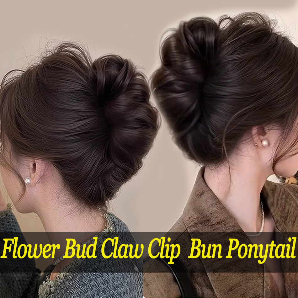 Synthetisches, unordentliches Dutt-Haarteil, Krallenclip, Pferdeschwanz-Extensions, Scrunchie-Stil, Lazy Flower Bud Dutt, Chignon, gewellter, lockiger Pferdeschwanz