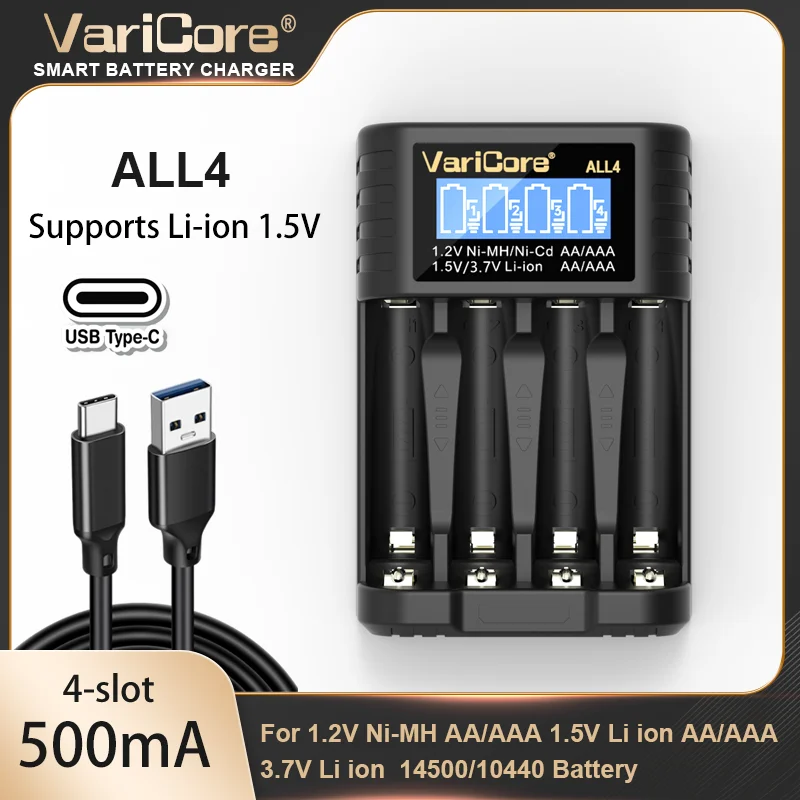 Cargador VariCore AA/AAA 4 cargador LCD ALL4 8 de alta velocidad con 8 ranuras, adecuado para baterías recargables de iones de litio Ni-MH de 1,2 V 1,5 V/3,7 V