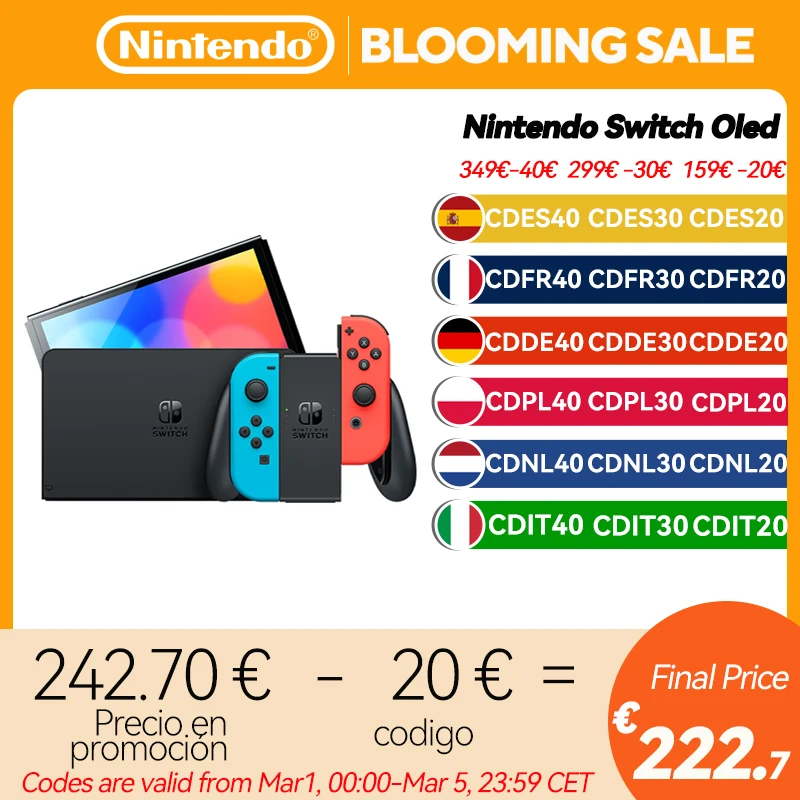 Consola de juegos OLED Nintendo Switch, juego de pantalla táctil de 7 pulgadas y 3 modos de juego, blanco, azul y rojo, 64GB