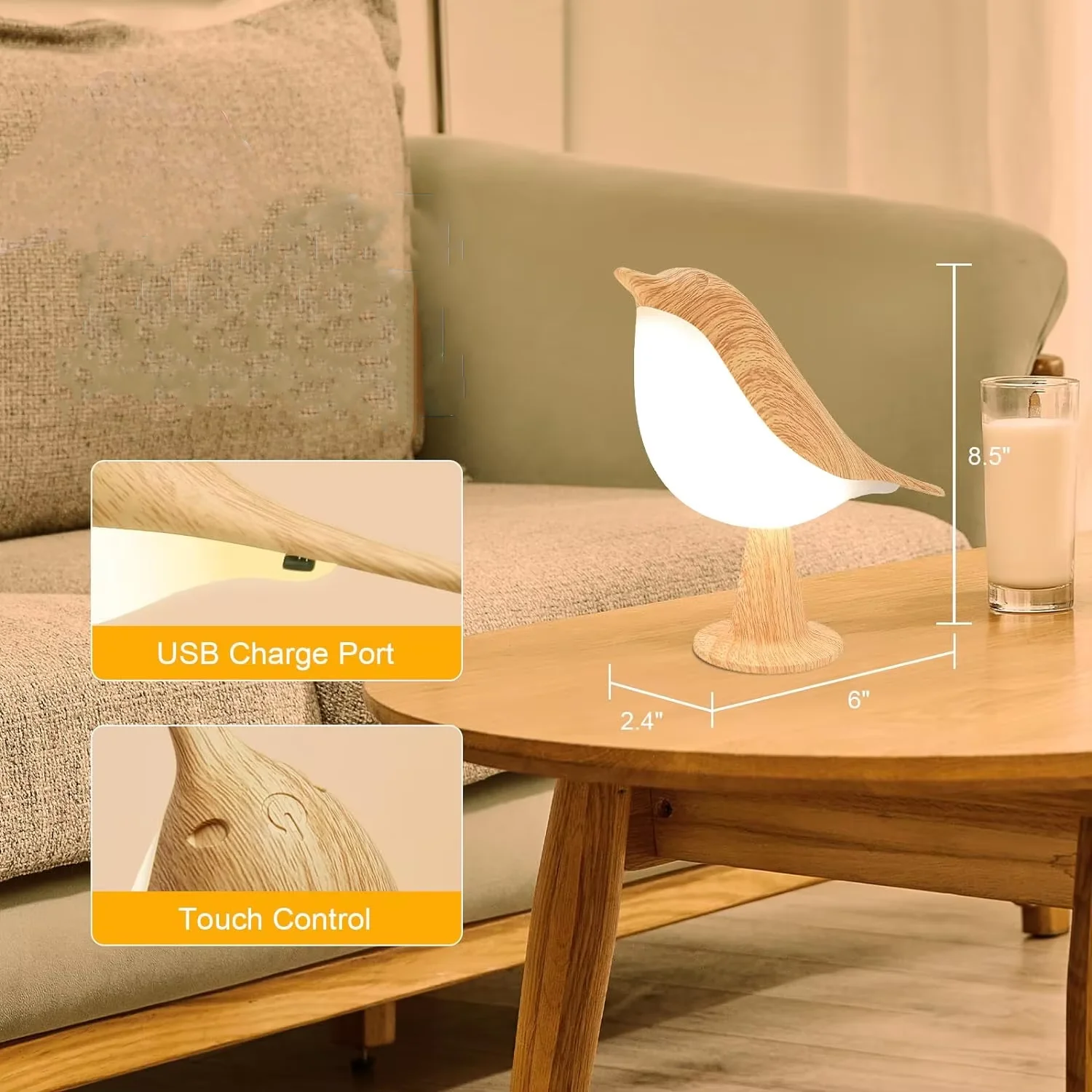 1 lámpara LED para pájaros con control táctil, Art Deco, 3 niveles regulables, USB inalámbrico con batería recargable, versátil para todas las habitaciones
