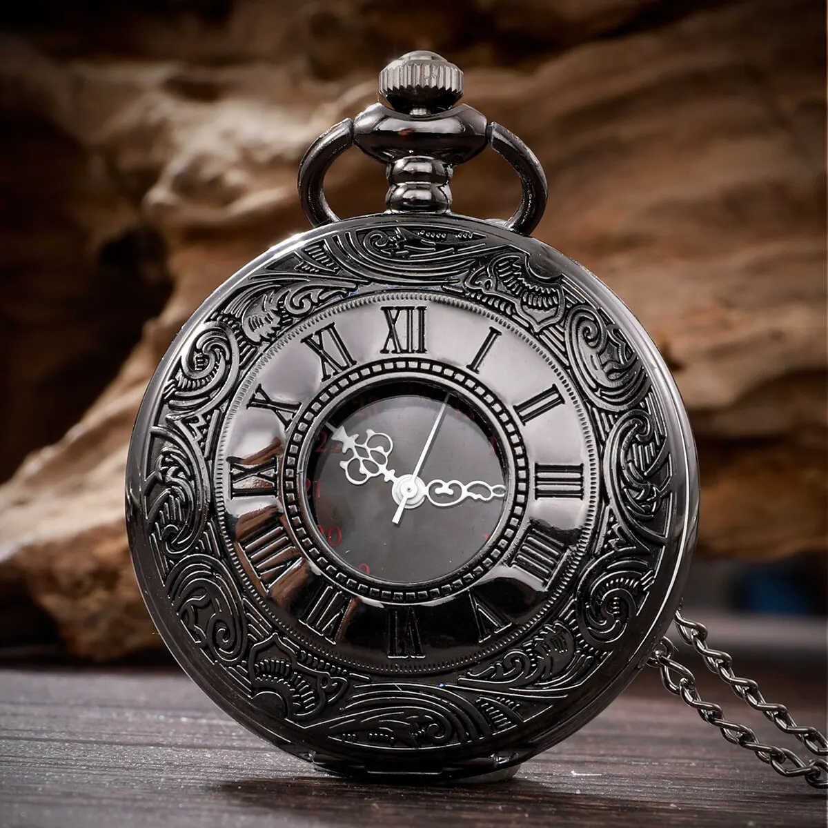 Relógio de bolso Steampunk com corrente para homens e mulheres, colar com pingente, charme vintage, preto, número romano, quartzo, moda unissex, presente