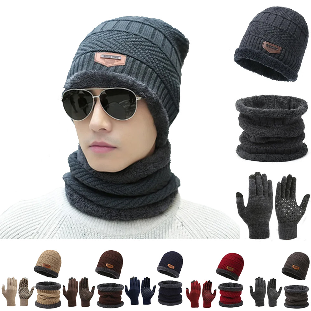 3Pcs Winter Fleece Thicken Windproof Hat Gloves Scarf Set Plush Warm Wool Knit Beanies for Men And Women