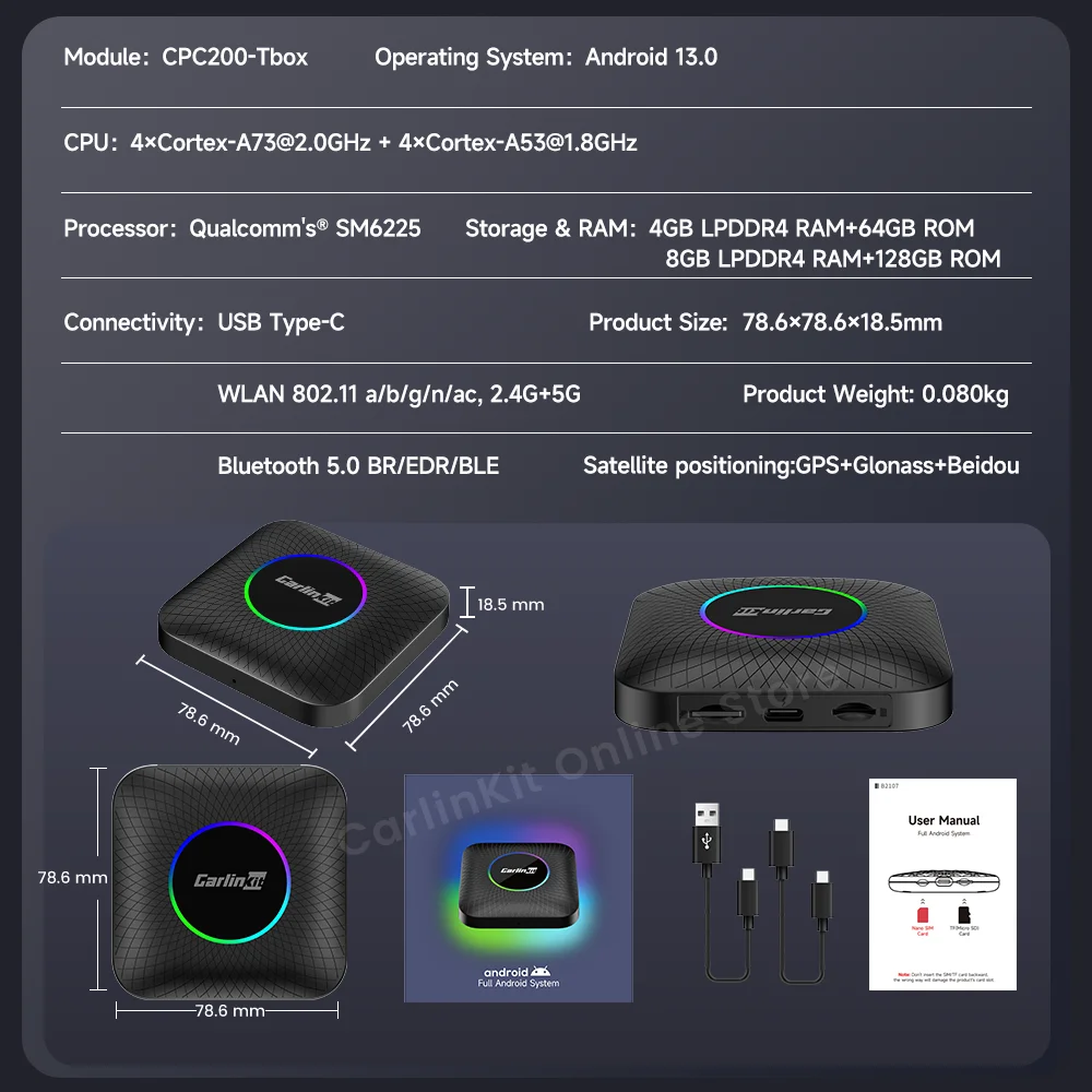 Carlinkit ТВ-приставка Android 13, светодиодный CarPlay Android Auto, беспроводной адаптер, поддержка Youtube Netfilx, IPTV Spotify Tmap, Яндекс, AfreecaTV