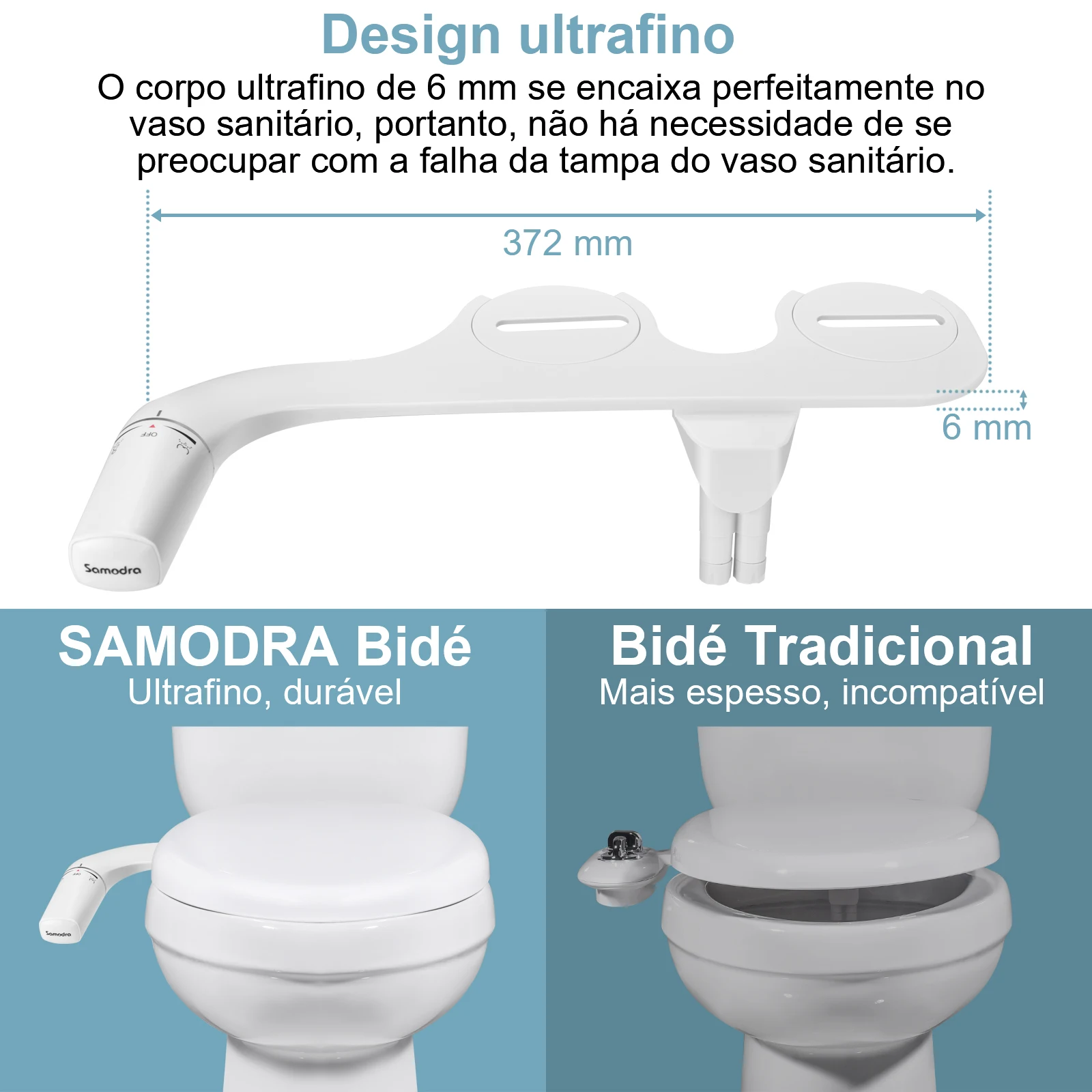 Bidê SAMODRA Ultra-Fino, Bidê Minimalista para Vaso Sanitário com Dupla Bocal (Lavagem Frontal e Traseira) Pressão de Água Ajustável, Attachment de Assento para Vaso Sanitário com Água Fresca, Fácil de Instalar.
