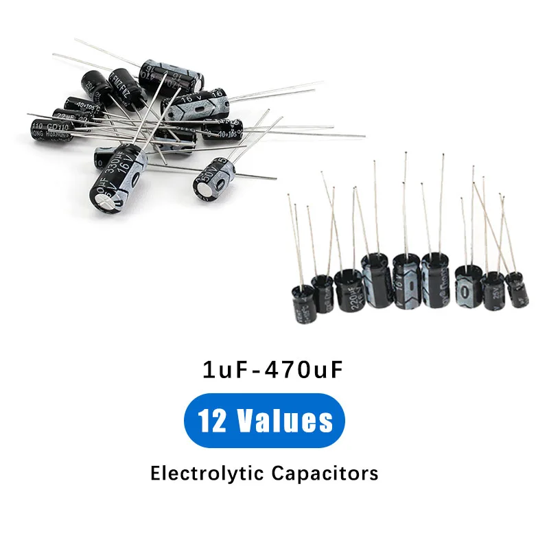 120 Uds 12 tipos de condensadores electrolíticos Range1UF-470UF Kit surtido, condensadores electrolíticos radiales de aluminio de 16V/25V/50V