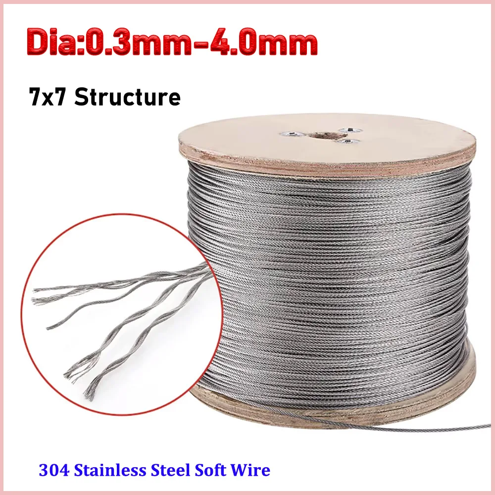 Diâmetro 0.3mm-4.0mm 304 corda de fio de aço inoxidável cabo macio varal de pesca linha de levantamento à prova de ferrugem estrutura 7x7