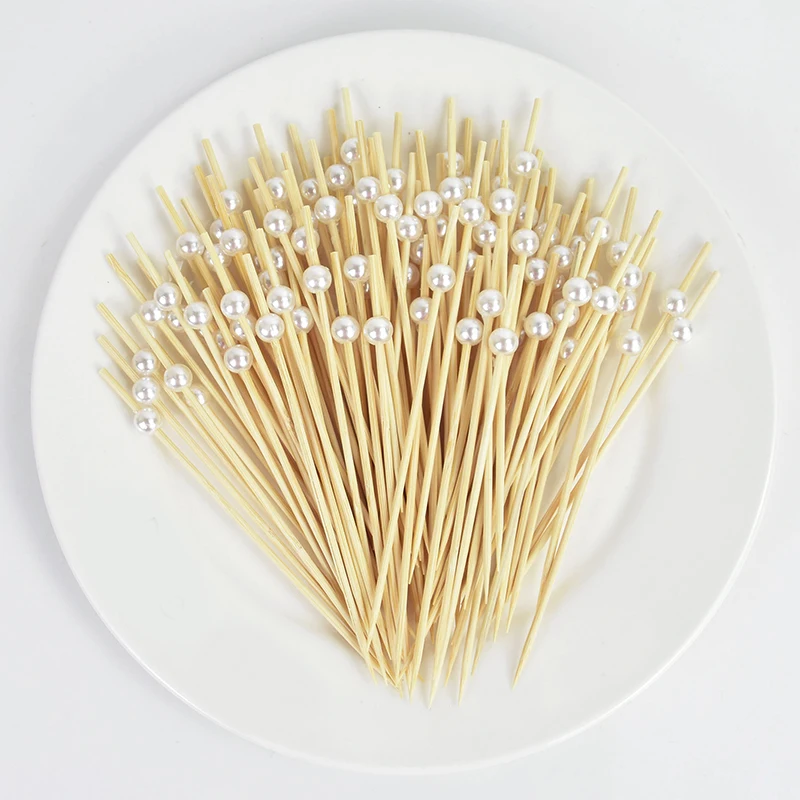 100 ชิ้นงานแต่งงาน Pearl Disposable Skewers อาหารผลไม้ไม้ไผ่ค็อกเทลบุฟเฟ่ต์เค้กไม้จิ้มฟันงานแต่งงานวันเกิด