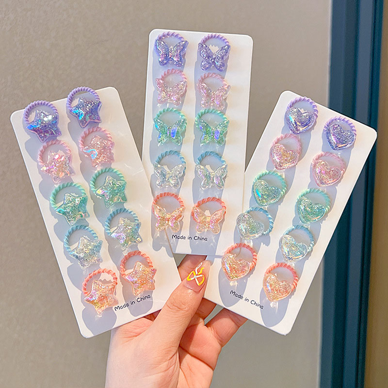 10 шт./компл., блестящие веревки для волос с бабочкой для маленьких девочек, милые эластичные резинки в форме сердца и звезды, хвост, головной убор принцессы, детский головной убор