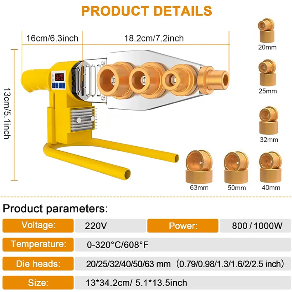 800/1000W Plastic Pipe Welding Machine 220V Home Professional Hot Melt Tool Pipe Welding Tools Suitable For PB/PE/PPR Up To 320℃